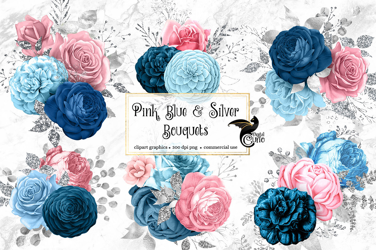 Pink Blue and Silver Bouquets in Illustrations - product preview 8