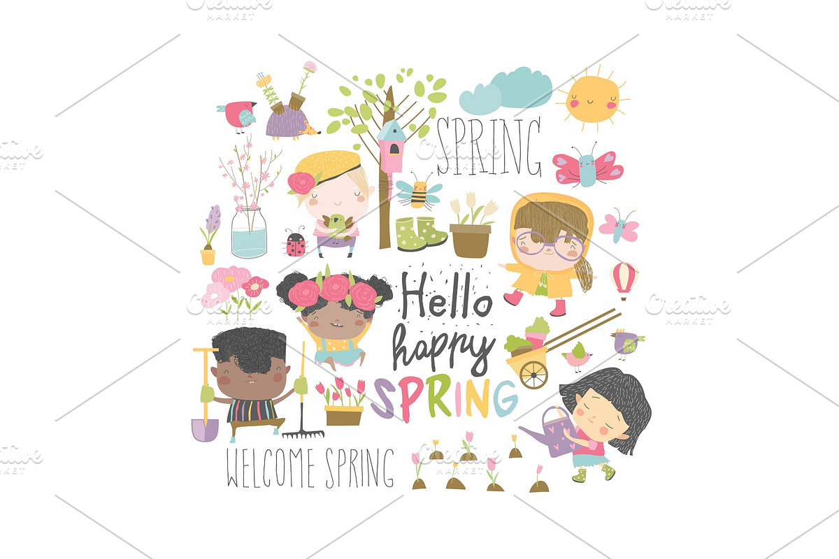 Set of cartoon children and spring in Illustrations - product preview 8