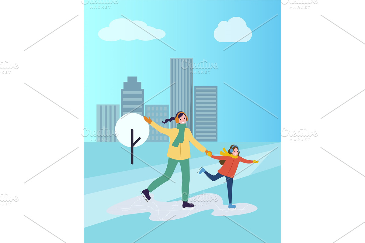 Ice Skating of Mother and Daughter in Illustrations - product preview 8