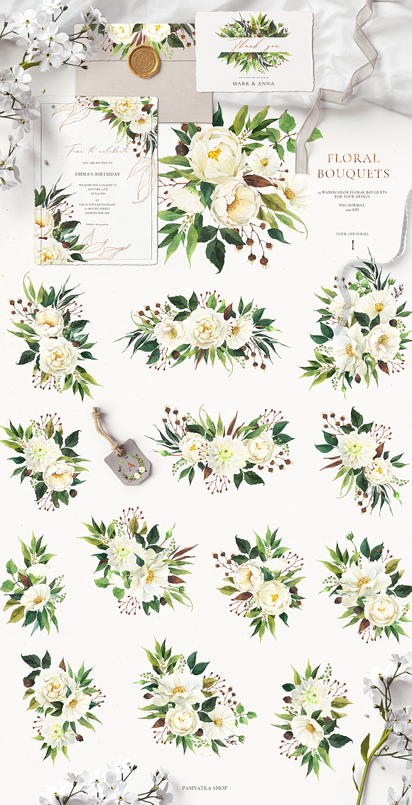 SPRING GREENERY & white flowers in Illustrations - product preview 2