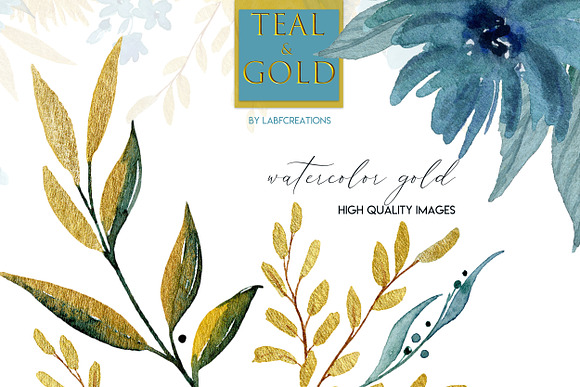 5$ Teal & Gold. Watercolor in Illustrations - product preview 2