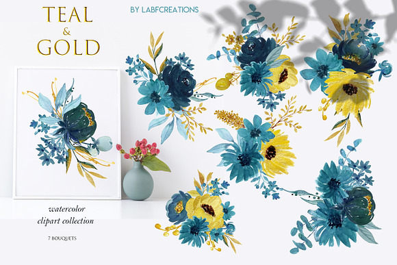 5$ Teal & Gold. Watercolor in Illustrations - product preview 3