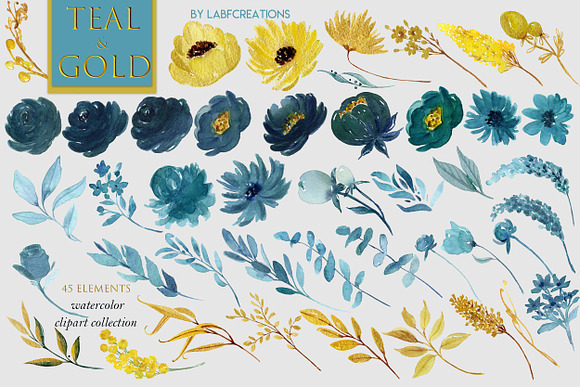 5$ Teal & Gold. Watercolor in Illustrations - product preview 6