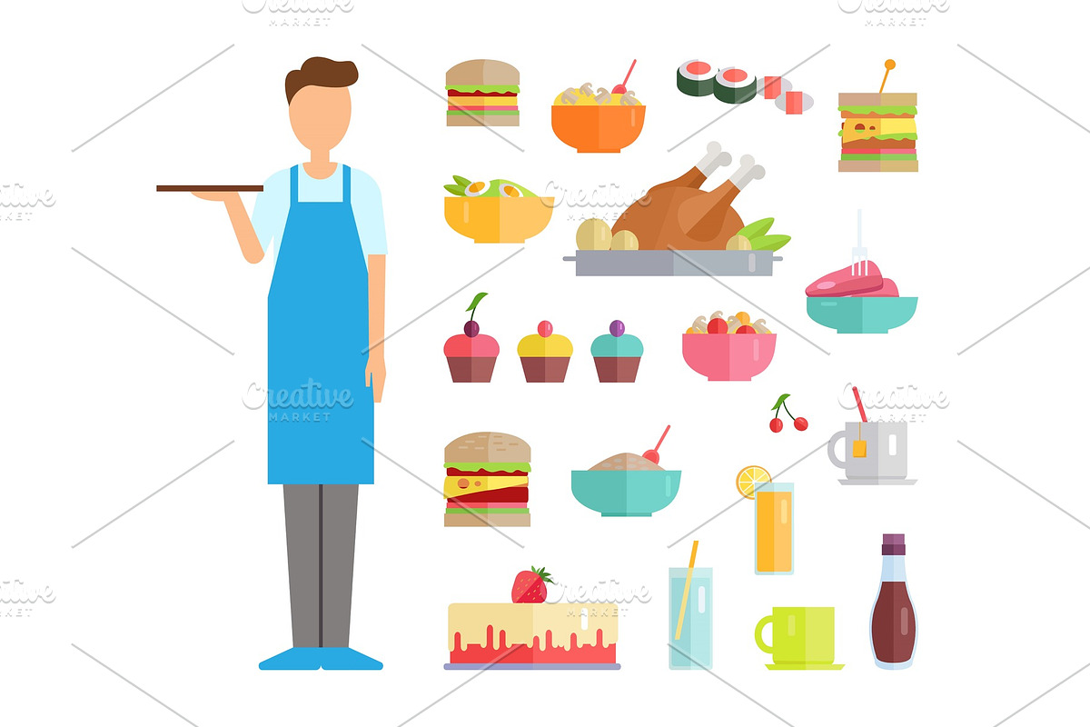 Waiter and Food Icons, Cakes and in Illustrations - product preview 8