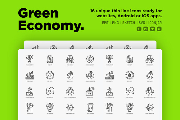 Green Economy | 16 Thin Line Icons in Icons - product preview 1