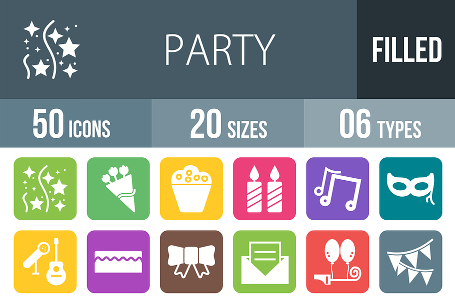 50 Party Flat Round Corner Icons