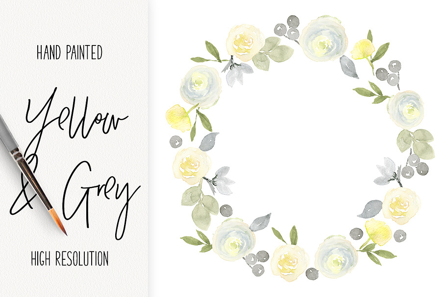 Yellow & Gray Watercolor Wreath in Illustrations - product preview 8