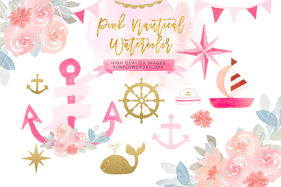 Gold and Pink Nautical Clipart in Illustrations - product preview 2