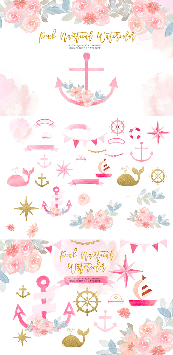 Gold and Pink Nautical Clipart in Illustrations - product preview 3