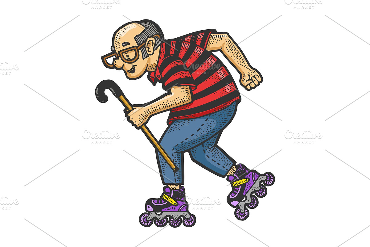 Old man rides roller Skates sketch in Illustrations - product preview 8