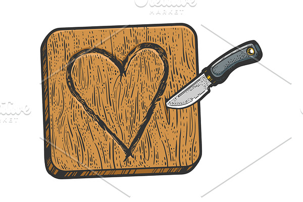 Heart symbol carved knife in wood
