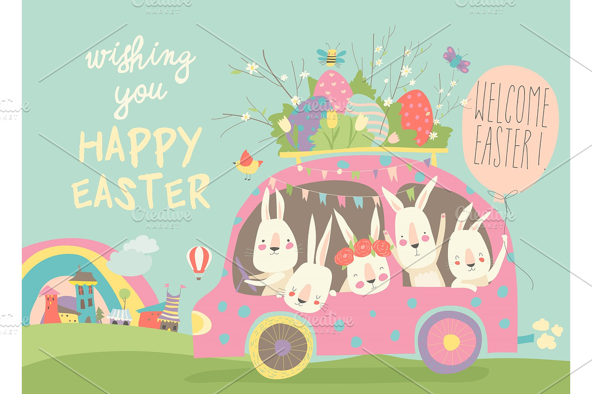 Cute cartoon bunnies driving a car in Objects - product preview 8