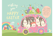 Cute cartoon bunnies driving a car