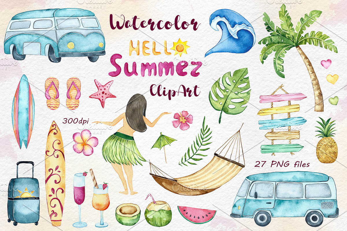 Watercolor Summer Clipart in Illustrations - product preview 8