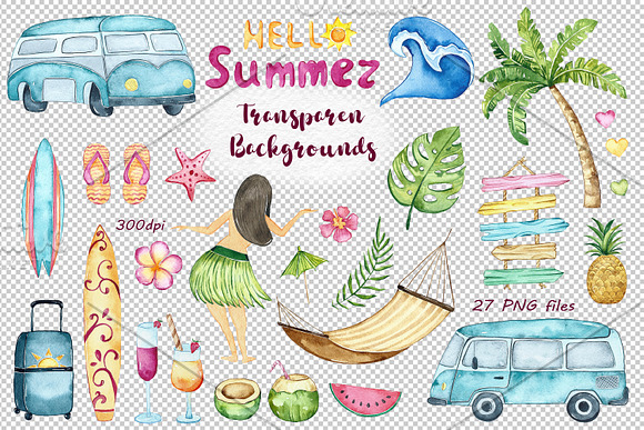 Watercolor Summer Clipart in Illustrations - product preview 2