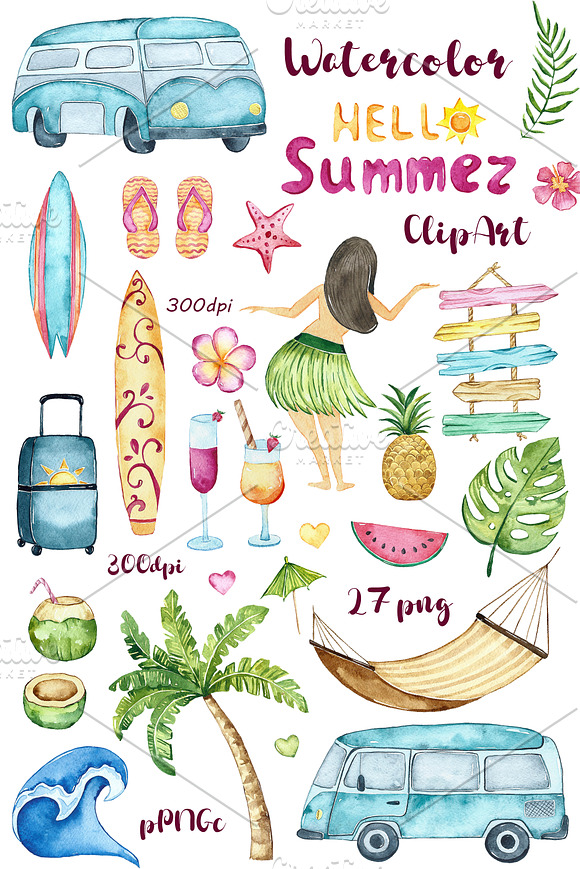 Watercolor Summer Clipart in Illustrations - product preview 3