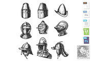 Set of medieval military helmets