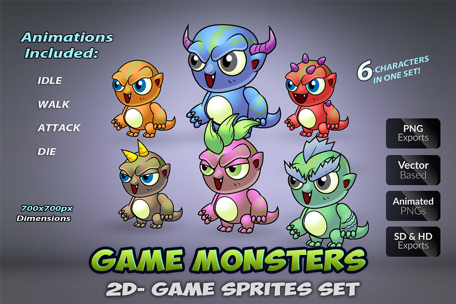 6 Monsters Game Sprites Set in Illustrations - product preview 8