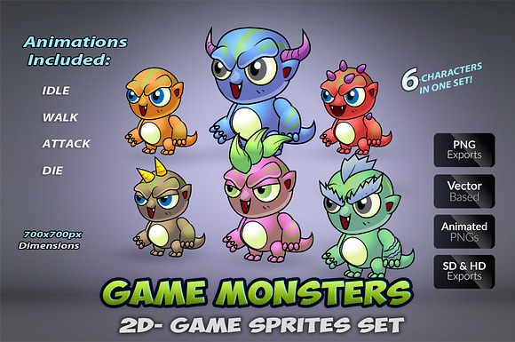 6 Monsters Game Sprites Set in Illustrations - product preview 3