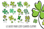 12 Four Leaf Lucky Clovers Clipart