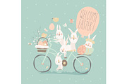 Easter bunnies riding on bike with