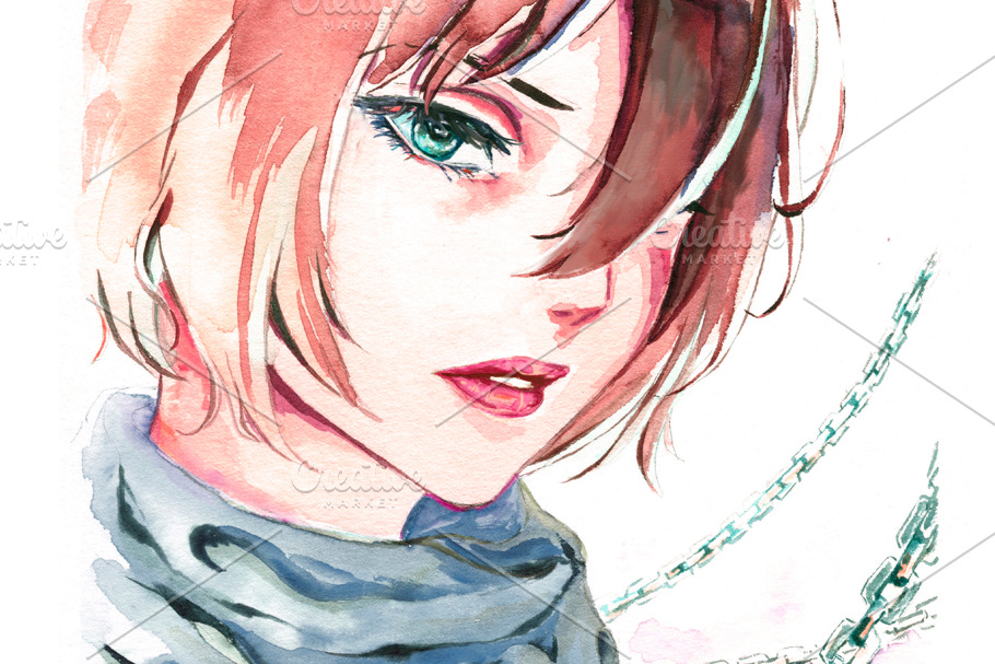 Watercolor portrait of sad girl
