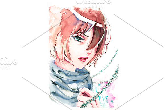 Watercolor portrait of sad girl in Illustrations - product preview 1