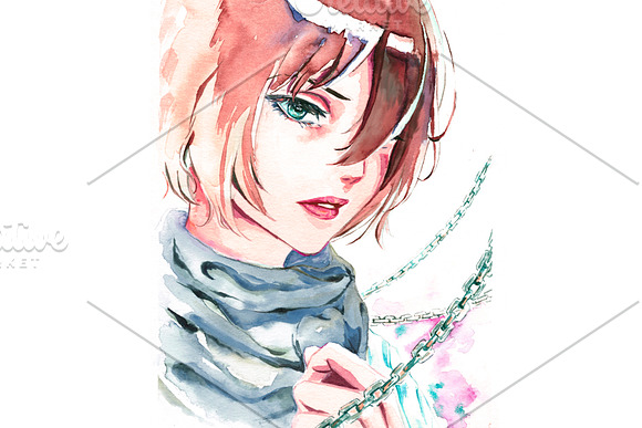 Watercolor portrait of sad girl in Illustrations - product preview 3