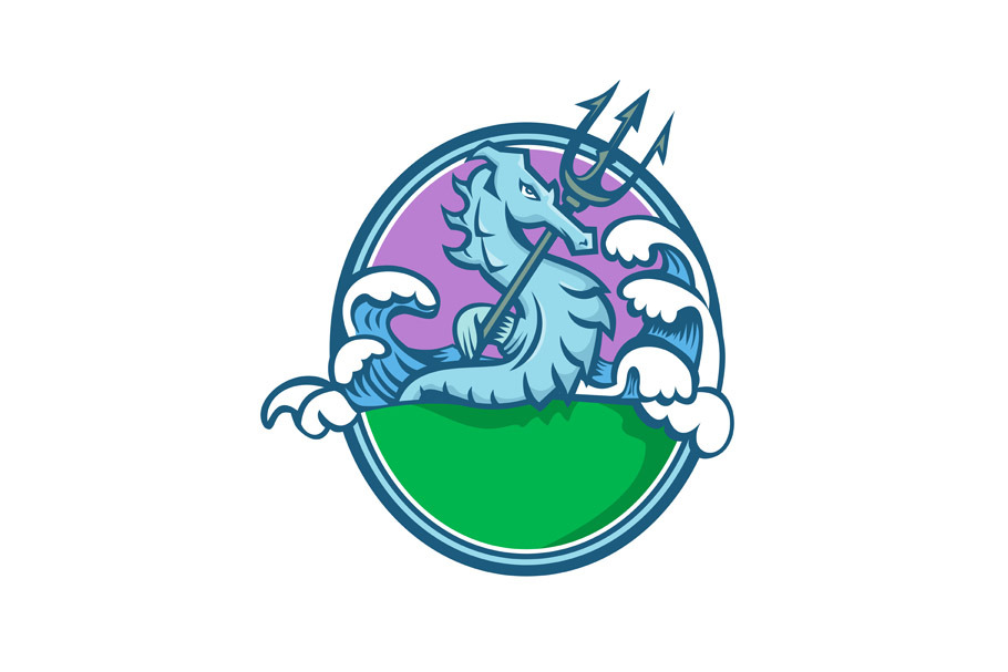 Seahorse With Trident Mascot Oval