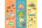 China. Thailand. Japan. Icons of