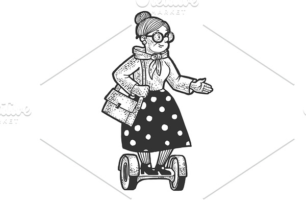 Old woman rides on hoverboard