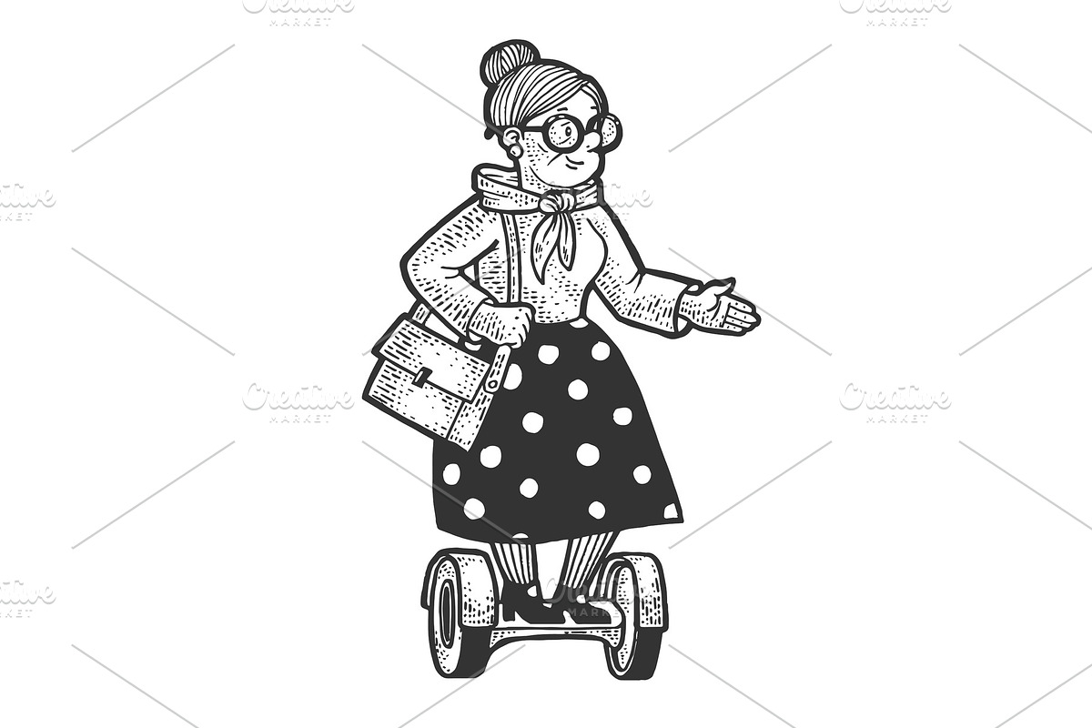 Old woman rides on hoverboard in Illustrations - product preview 8