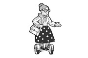 Old woman rides on hoverboard