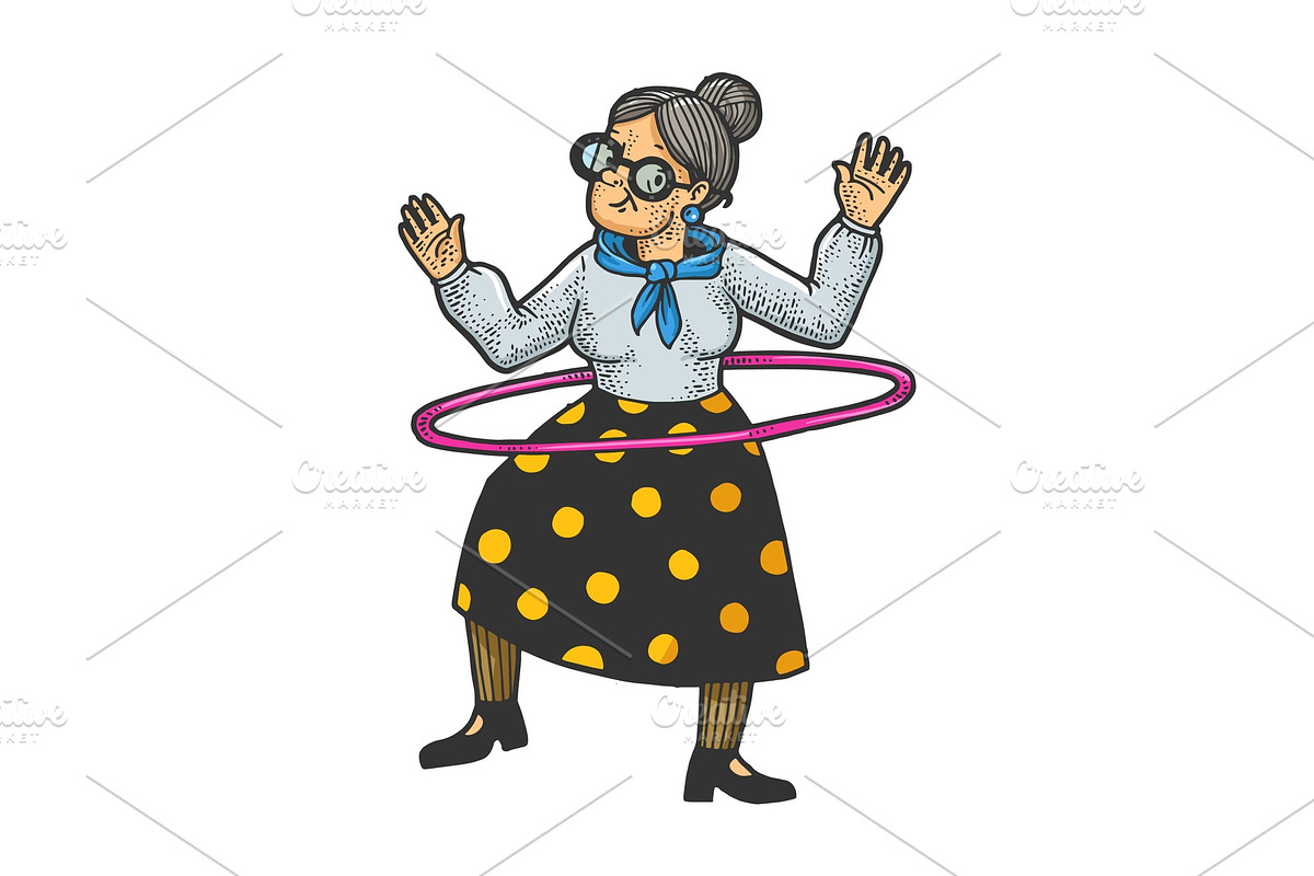 Old woman Hula hoop sketch vector in Illustrations - product preview 8