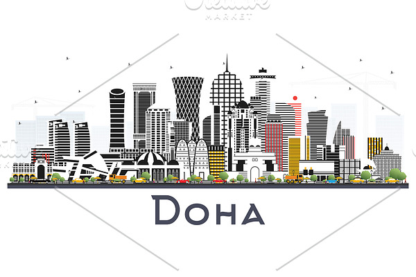 Doha Qatar City Skyline with Color