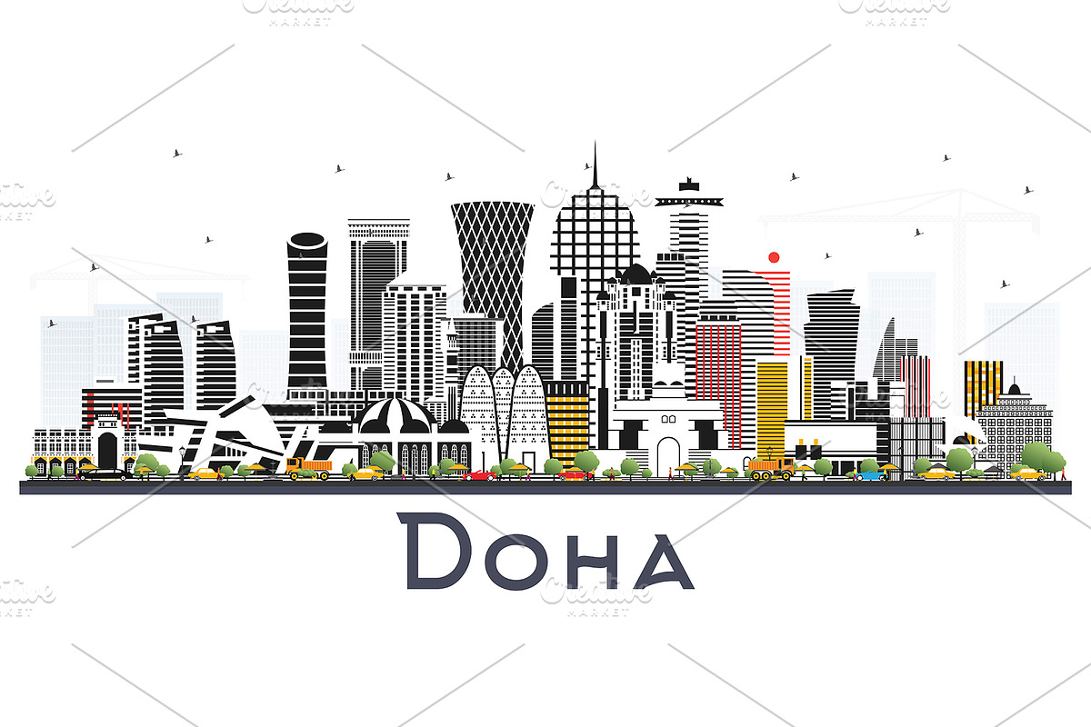 Doha Qatar City Skyline with Color in Illustrations - product preview 8