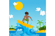 Surfer cartoon character riding wave