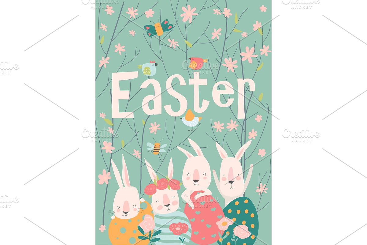 Cute cartoon bunny with Easter eggs in Objects - product preview 8