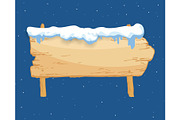 Cartoon wooden winter sign with snow