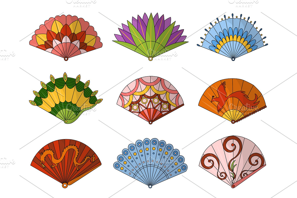 Asian fans. Colored hand traditional in Illustrations - product preview 8