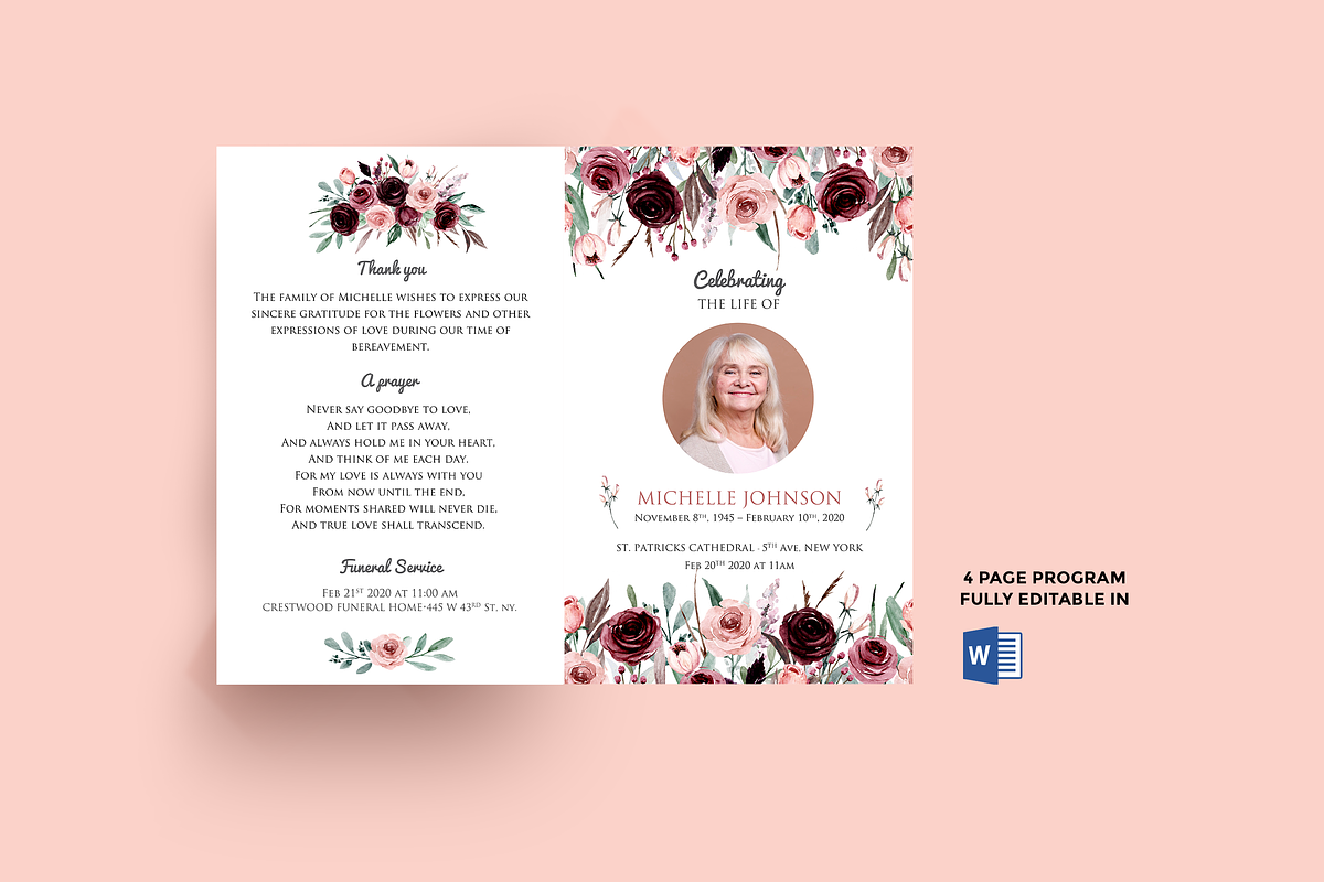 Floral Burgundy Funeral Program WORD in Card Templates - product preview 8