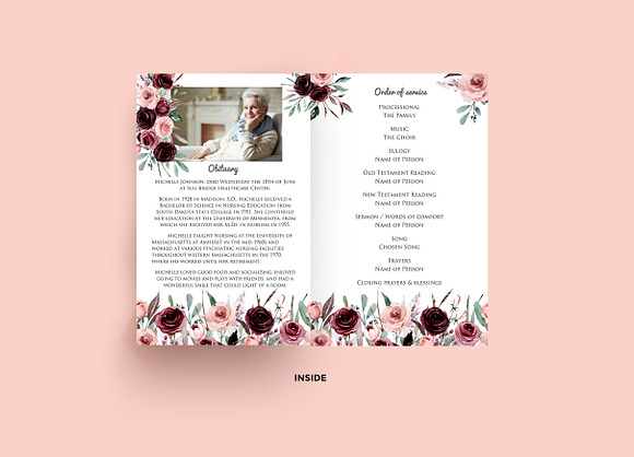 Floral Burgundy Funeral Program WORD in Card Templates - product preview 1
