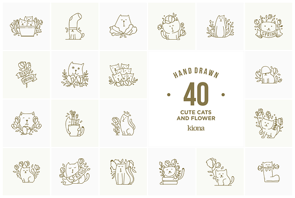 cute cat and flowers hand drawn in Illustrations - product preview 1