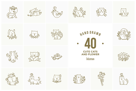 cute cat and flowers hand drawn in Illustrations - product preview 2