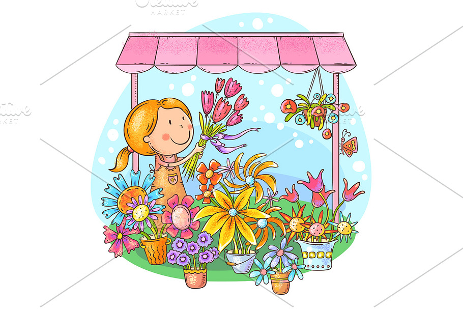 Florist girl selling bouquets in Illustrations - product preview 8