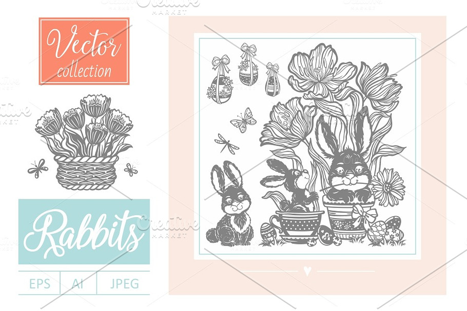 Rabbits and flowers in Illustrations - product preview 8