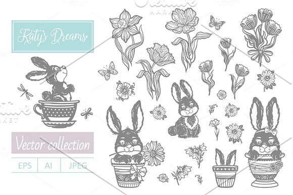Rabbits and flowers in Illustrations - product preview 3