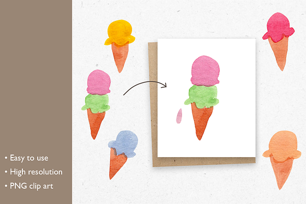 Ice Cream Cones Watercolor Clip Art