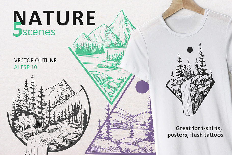 Nature scenes. Vector outline in Illustrations - product preview 8