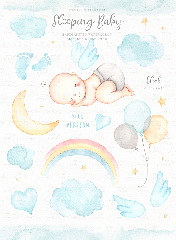 Sleeping Baby Watercolor Clip Arts in Illustrations - product preview 1